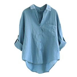 Longra-Printemps-Top-Femme-Chemisier-Grande-Taille-Coton-et-Lin-Haut-Manches-Longues-Couleur-Unie-Chemisier-Col-Debout-Pull-Shirt-en-Vrac-Dcontracte-T-Shirt-Chemisier-boutonn–Manches-Longues-0-3