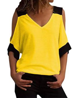 Minetom Femme Été Chic Col en V Épaules Dénudées Manche Courte T-Shirt Chemisier Blouse Élégant Mode Basique Hauts Tops Minetom Femme Été Chic Col en V Épaules Dénudées Manche Courte T-Shirt Chemisier Blouse Élégant Mode Basique Hauts Tops 2