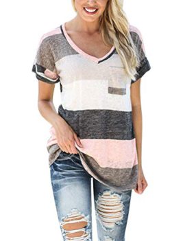 Yidarton-Tee-Shirt-Femme-Manche-Courte-Casual-t-Col-V-Rayures-Colores-Mode-Top-Blouse-Haut-0