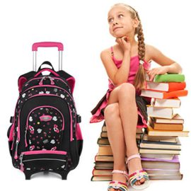 COOFIT-Cartable–roulettes-Fille-en-Nylon-Sac–Dos-Fille–roulettes-Cartable-Fille-College-Sac-Ecole-Fille-Sac-Dos-Scolaire-Sac-Fille-priamire-Rose-Noir-0-0