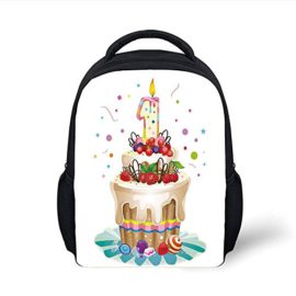 Kids-School-Backpack-1st-Birthday-DecorationsBaby-First-Party-Festive-Cake-with-Forest-Fruits-and-Candle-ImageMulticolor-Plain-Bookbag-Travel-Daypack-0