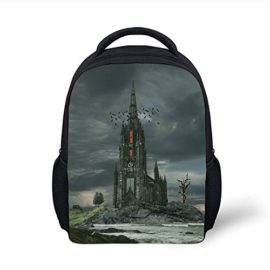 Kids-School-Backpack-Gothic-DecorMystery-Gothic-Castle-Edinburgh-Darkness-Dramatic-Sky-Clouds-Bat-Old-Building-Plain-Bookbag-Travel-Daypack-0