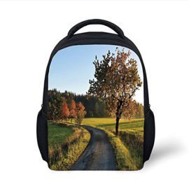 Kids School Backpack Landscape,Autumn Road at Sunset and Lone Tree Grass Field Forest Rural Scenery,Green Yellow Bluegrey Plain Bookbag Travel Daypack Kids School Backpack Landscape,Autumn Road at Sunset and Lone Tree Grass Field Forest Rural Scenery,Green Yellow Bluegrey Plain Bookbag Travel Daypack 2