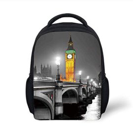 Kids School Backpack London,The Big Ben and The Westminster Bridge at Night in UK Street River European Look Decorative,Grey Yellow Plain Bookbag Travel Daypack Kids School Backpack London,The Big Ben and The Westminster Bridge at Night in UK Street River European Look Decorative,Grey Yellow Plain Bookbag Travel Daypack