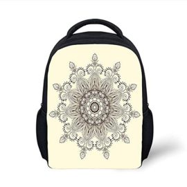 Kids-School-Backpack-LotusArabesque-Mandala-Ritual-Symbol-Universe-Unity-of-Life-Shabby-Chic-Ethnic-Motif-DecorativeSeal-Brown-Cream-Plain-Bookbag-Travel-Daypack-0