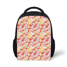 Kids-School-Backpack-OrangeFantasy-Watercolor-Backdrop-White-Hibiscus-Blossoms-Leaves-Aloha-Jungle-DecorativeYellow-Coral-White-Plain-Bookbag-Travel-Daypack-0