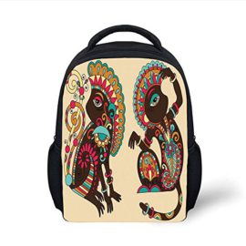 Kids School Backpack Tribal,Tribal Ethnic Patterns on a Monkey Tailed Posing Animal Wildlife Creatures Print Decorative,Multicolor Plain Bookbag Travel Daypack Kids School Backpack Tribal,Tribal Ethnic Patterns on a Monkey Tailed Posing Animal Wildlife Creatures Print Decorative,Multicolor Plain Bookbag Travel Daypack