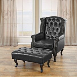 Fauteuil de à Oreilles Chesterfield Similicuir ~ Noir avec Pouf Fauteuil de à Oreilles Chesterfield Similicuir ~ Noir avec Pouf 3