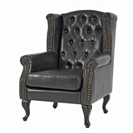 Fauteuil de à Oreilles Chesterfield Similicuir ~ Noir avec Pouf Fauteuil de à Oreilles Chesterfield Similicuir ~ Noir avec Pouf 5