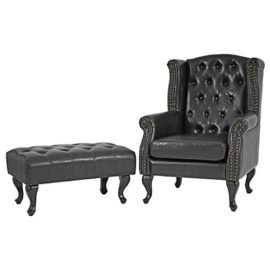 Fauteuil-de--Oreilles-Chesterfield-Similicuir-Noir-avec-Pouf-0