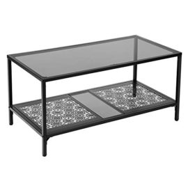 VASAGLE-Table-Basse-avec-Plateau-en-Verre-tremp-Table-de-Salon-tagre--Motif-Fleurs-Cadre-en-Fer-Bout-de-canap-Rsistance-teste-par-SGS-Dcoration-Noir-LGT11BK-0