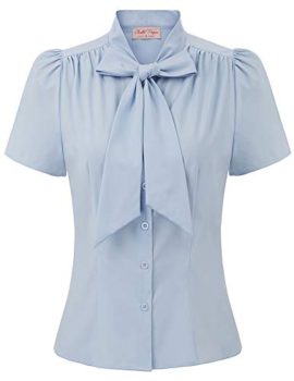 Belle-Poque-Et-Femme-Chemise-Rayures-Chic-Manche-Courte-Col-en-Papillon-Nud-Fermeture--Bouton-0