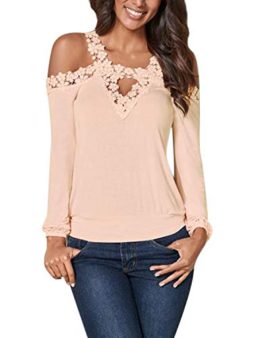 CNFIO-Haut-Sexy-Femme-Top-Dos-Nu-Femme-Sexy-Tshirt-Femme-Manche-Longue-Top-Dentelle-Femme-Blouse-paules-Dnudes-Col-V-0