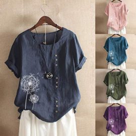 VJGOAL-T-Shirt-Femme-Grande-Taille-Chic-Pissenlit-Imprim-Lin-Coton-Chemise-Vintage-Manches-Longues-T-Shirt-Casual-Confortable-Hauts-Col-O-Mode-Printemps-Automne-Rue-Lcole-Quotidien-S-5XL-0-2