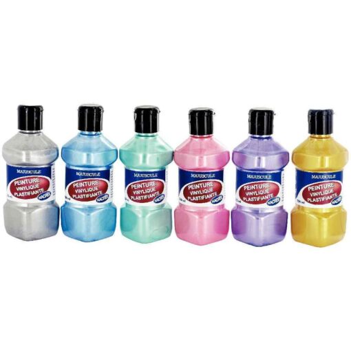 Peinture vinylique plastifiante, couleurs nacrées assorties - Lot de 6 flacons de 250