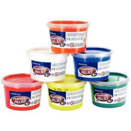 Image Peinture relief 3D couleurs vives (lot de 6 pots de 350g) + 6 spatules offertes