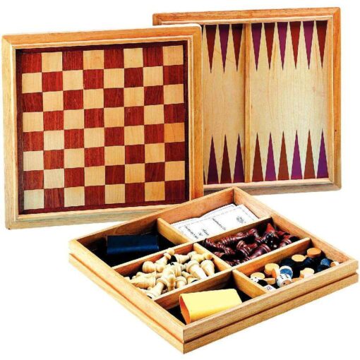 Coffret en bois échecs, dames, et backgammon