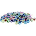 Perles en plastique couleurs irisées, cerclées d’un fil aluminium – Coloris assortis Perles en plastique couleurs irisées, cerclées d’un fil aluminium – Coloris assortis