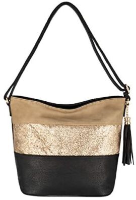 CRAZYCHIC - Sac Bandoulière Paillette Femme - Sacoche Besace Fourre-Tout Cuir PU Souple Porté Main Epaule - Rayure Strass Brillant Multicolore - Sac Soirée Grande Pochette Messenger Mode Chic - Noir