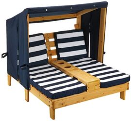KidKraft 524 Double chaise longue en bois avec porte-gobelet Meuble de jardin pour enfant Bleu marine et blanc