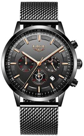 LIGE Hommes Montres Mode Noir Acier Inoxydable Imperméable Quartz Analogique Regarder pour Homme Affaires Habiller Regarder …