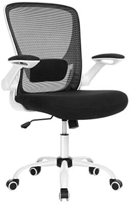 SONGMICS Fauteuil de bureau avec accoudoir rabattable, Chaise de bureau en toile, Siège, pivotant à 360°, support lombaire réglable, gain de place, Blanc et Noir OBN37WT