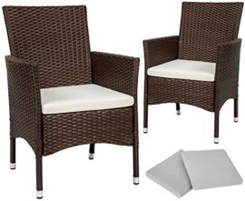 TecTake 2x Chaise de jardin en poly rotin résine tressé + coussin + deux set de housses + vis en acier inoxydable - diverses couleurs au choix - (Marron mixte | No. 402123)