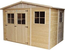 TIMBELA Abri de Jardin en Bois Naturel - Stockage extérieur avec fenêtres- H226x318x220 cm/6 m² Hangar en Bois Naturel - Atelier Rangement Outils et vélos M334