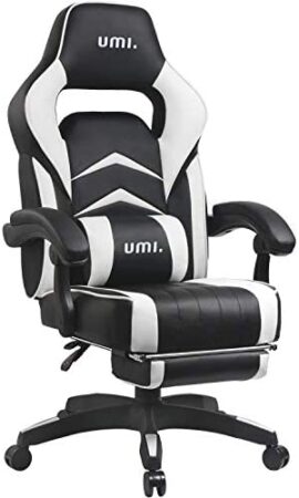 Amazon Brand - Umi Chaise Gaming de Bureau Fauteuil Gamer en Cuir PU Conception Ergonomique avec Repose-Pieds Télescopique Dossier Inclinable Accoudoirs Rembourrés (Blanc)