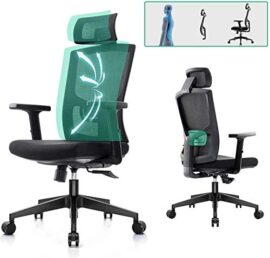 Komene Chaise de Bureau Ergonomique Fauteuil de Bureau en Maille à Dossier Haut avec Appui-tête Support Lombaire pour Maison Bureau (Noir)