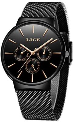 LIGE Montre pour Hommes Acier Inoxydable Mesh Analogique Quartz Hommes Montre Mode Sportif étanche Calendrier Rond Montre-Bracelet