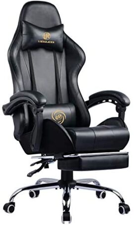 LUCKRACER Chaise Gaming Fauteuil de Bureau Chaise de Massage Lombaire Pivotante avec Repose-Pieds et Accoudoirs au Style de Course en Cuir de PU (Noir)