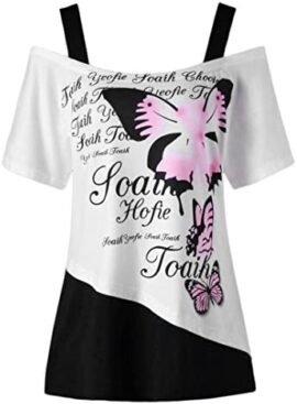 MORCHAN Femmes Papillon Impression Off épaule Chemise à Manches Courtes Casual Top Blouse