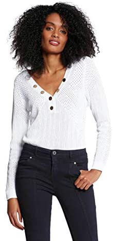 Morgan Pull Maille Ajourée Col V Boutons Dorés Maxi Sweater Femme