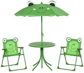 Outsunny Ensemble Salon de Jardin Enfant 4 pcs Design Grenouille - Table Ronde + 2 chaises Pliables + Parasol - métal époxy Oxford Vert