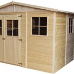 TIMBELA Abri de Jardin en Bois Naturel - Stockage extérieur avec fenêtres- H226x324x516 cm/15 m² Hangar en Bois Naturel - Atelier Rangement Outils et vélos M337