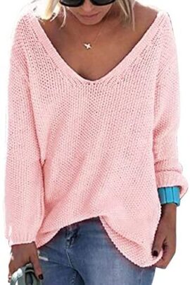 YOINS Femme Pull Long Col V Sweater Tricoté Chandail Lâche Casual Haut Manches Longues Sweatshirt Loose Top Hiver