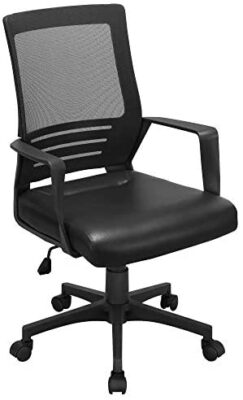 Yaheetech Chaise de Bureau Ergonomique Fauteuil de Direction pour Ordinateur Travail Studio, Siège en Cuir PU Confortable Plus Large, Dossier Inclinable en Maille Respirant Noir