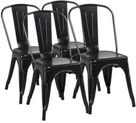 Yaheetech Lot de 4 Chaise de Salle à Manger Industrielle Chaise de Cuisine 45 cm H Empilable Tabouret avec Dossier Jardin Balcon Bistrot Café Salon Exterieur Interieur Noir