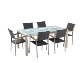 Set de jardin en rotin avec plateau en verre et 6 chaises 180 cm Set de jardin en rotin avec plateau en verre et 6 chaises 180 cm