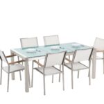 Set de jardin plateau en verre avec 6 chaises blanches 180 cm Set de jardin plateau en verre avec 6 chaises blanches 180 cm