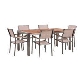 Table de jardin plateau bois eucalyptus 180 cm et 6 chaises beiges Table de jardin plateau bois eucalyptus 180 cm et 6 chaises beiges