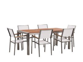 Table de jardin plateau bois eucalyptus 180 cm et 6 chaises blanches Table de jardin plateau bois eucalyptus 180 cm et 6 chaises blanches