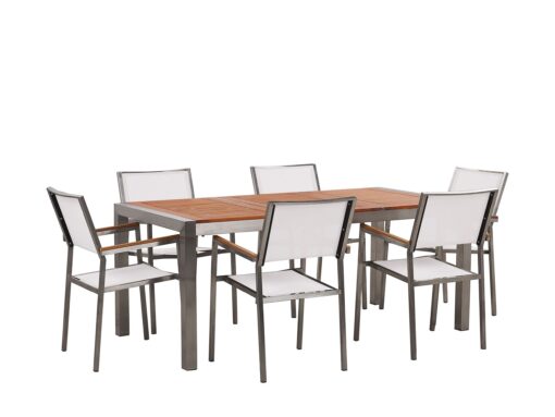 Table de jardin plateau bois eucalyptus 180 cm et 6 chaises blanches