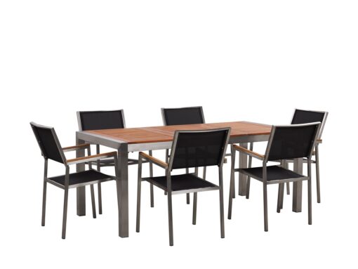 Table de jardin plateau bois eucalyptus 180 cm et 6 chaises noires