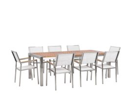 table-de-jardin-plateau-bois-eucalyptus-220-cm-et-8-chaises-blanches