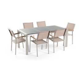 table-de-jardin-plateau-granit-gris-poli-180-cm-6-chaises-beiges