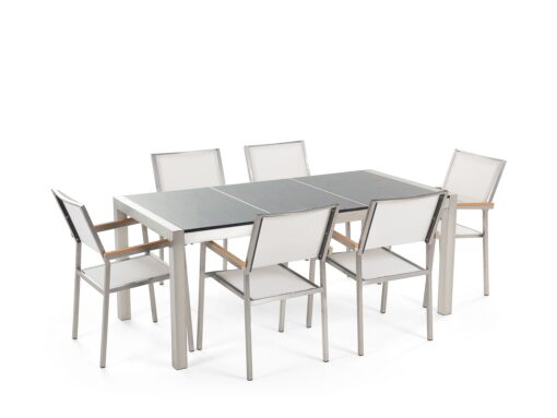 Table de jardin plateau granit gris poli 180 cm 6 chaises blanches