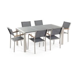 table-de-jardin-plateau-granit-gris-poli-180-cm-6-chaises-grises