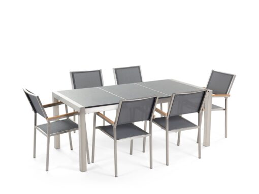 Table de jardin plateau granit gris poli 180 cm 6 chaises grises